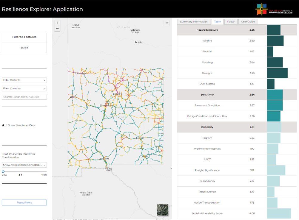 New Mexico DOT Resilience Explorer Application screenshot