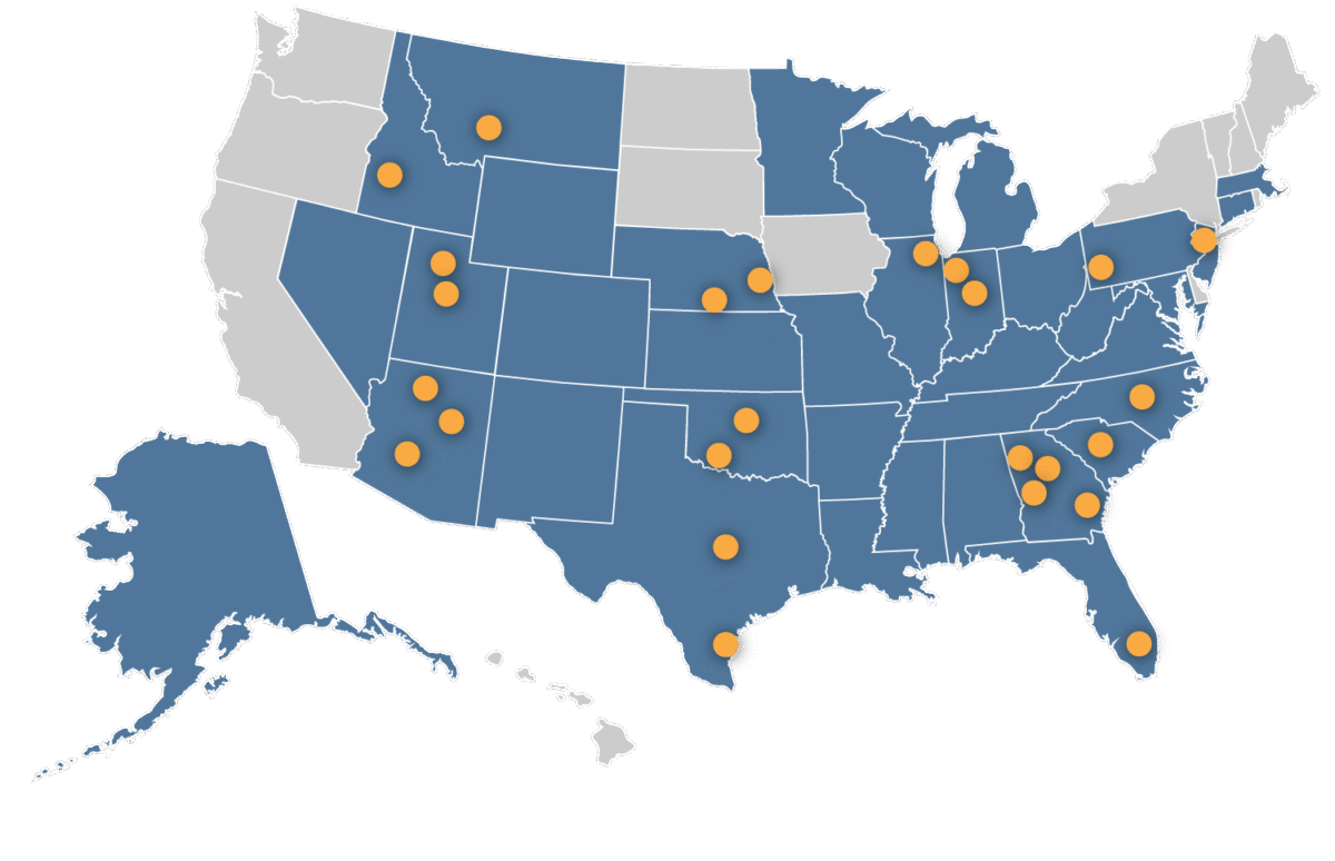 client-map Map showing U.S. states with marked locations