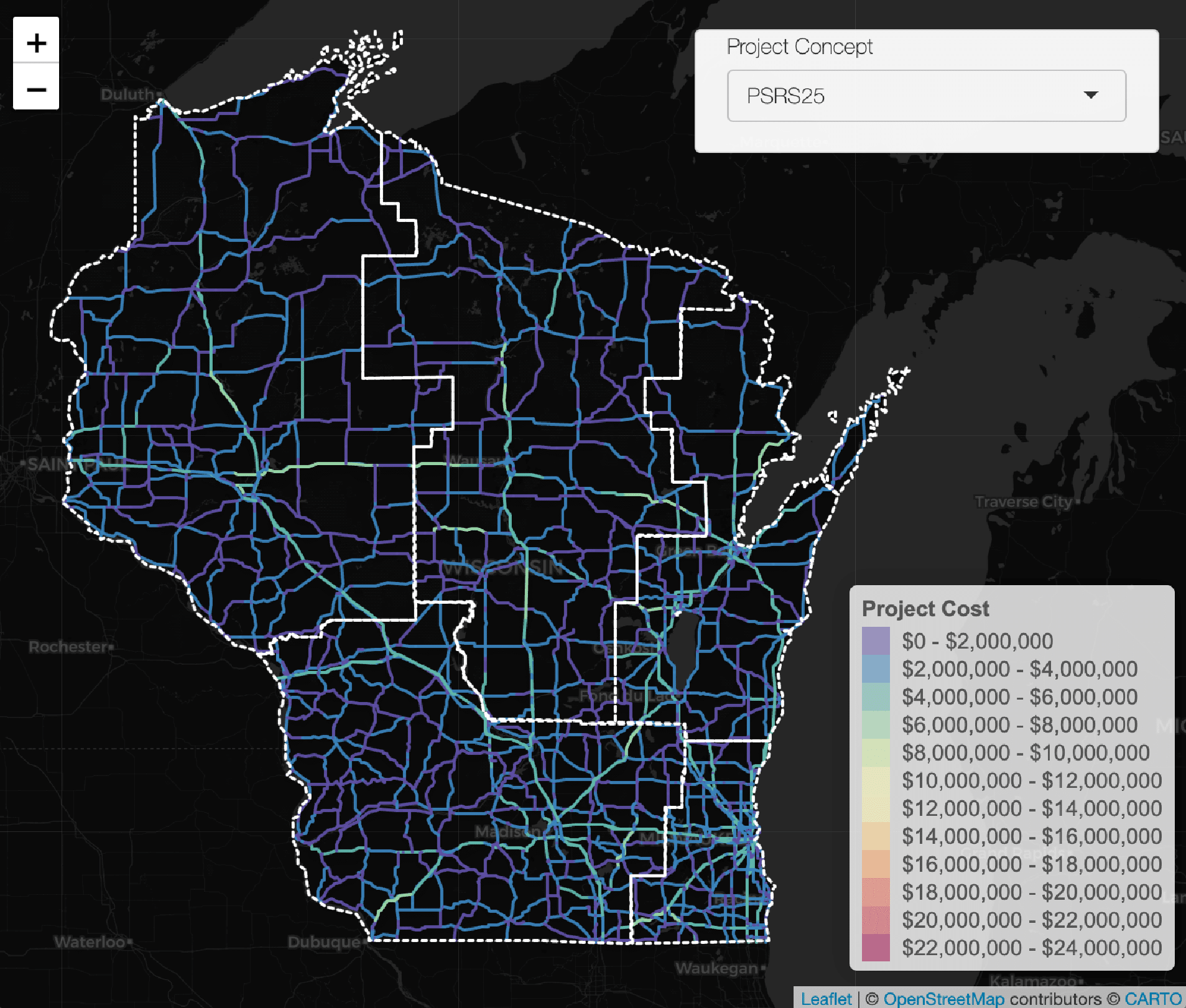 Wisconsin map showing road project costs by region.
