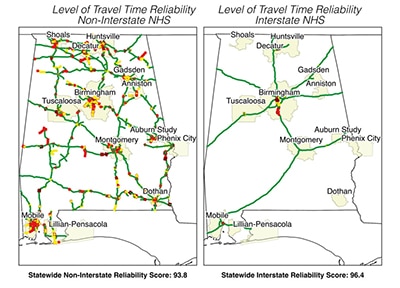 Alabama travel time reliability map, non-interstate vs interstate.
