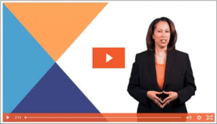 Woman presenting with colorful geometric background