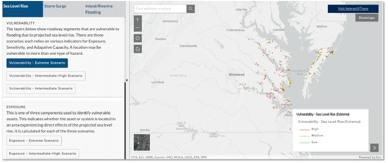 Map showing sea level rise vulnerability in Virginia.